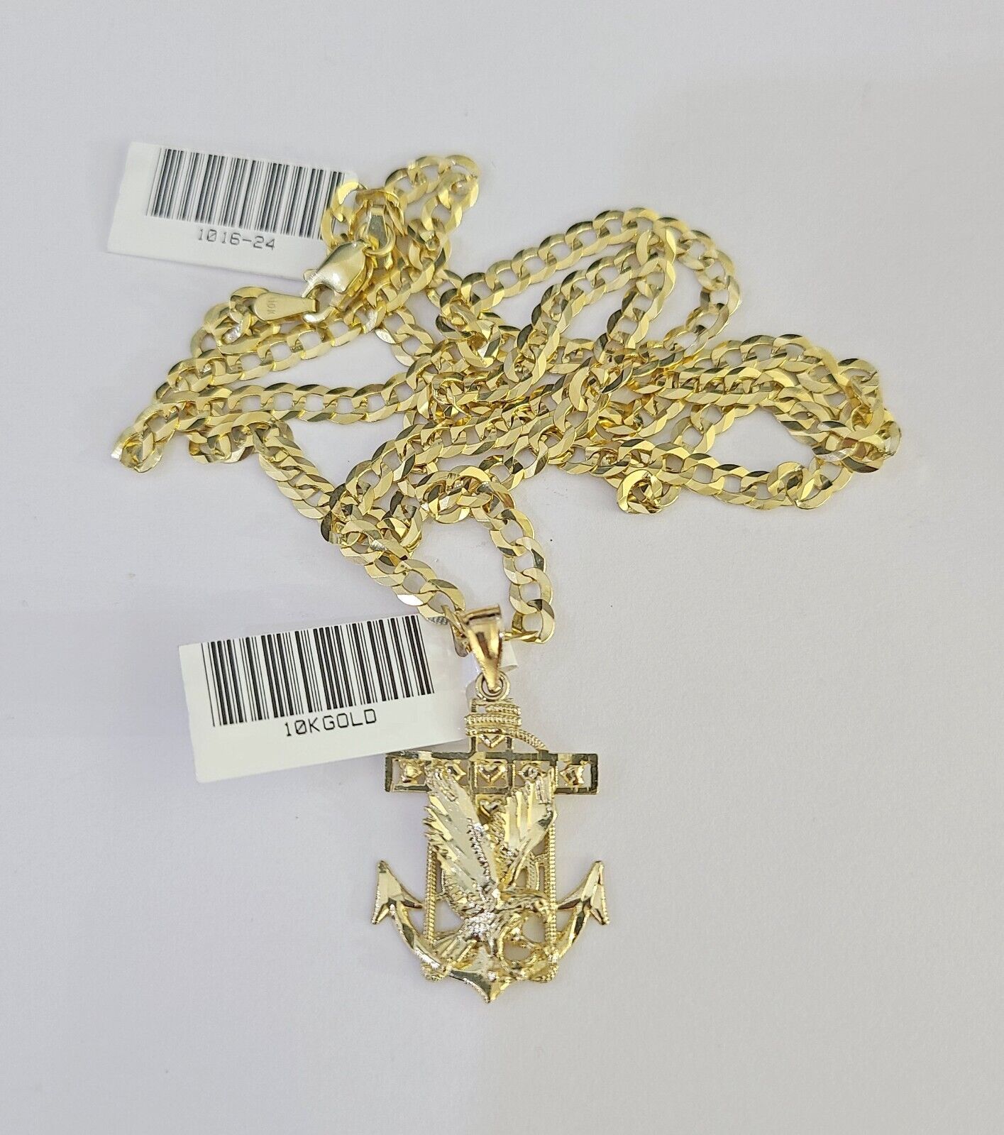 10k Gold Cuban Curb Chain Eagle Anchor Charm Solid 4mm 18"-28" SET Necklace