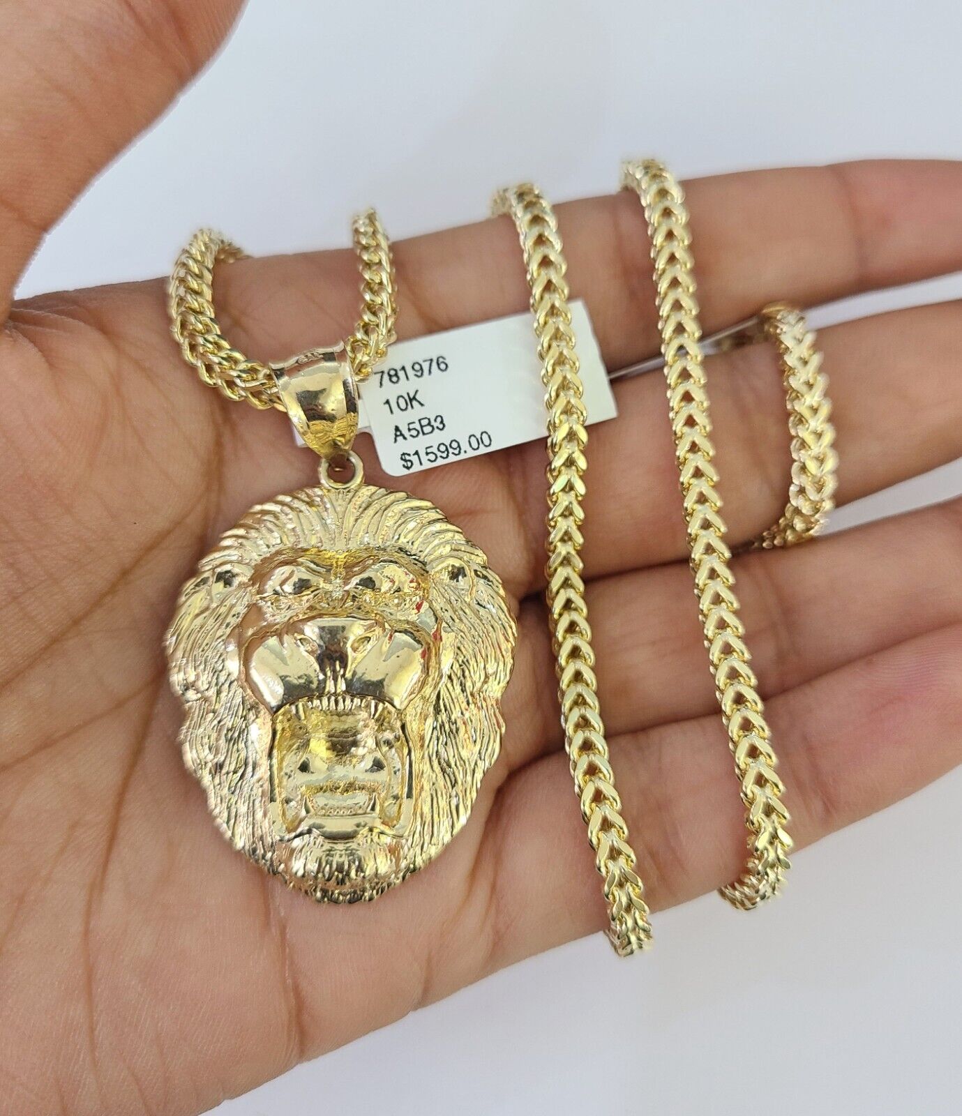 10K Franco Chain Roaring Lion Pendant Charm Necklace 20"-26" 3mm Gold Yellow SET