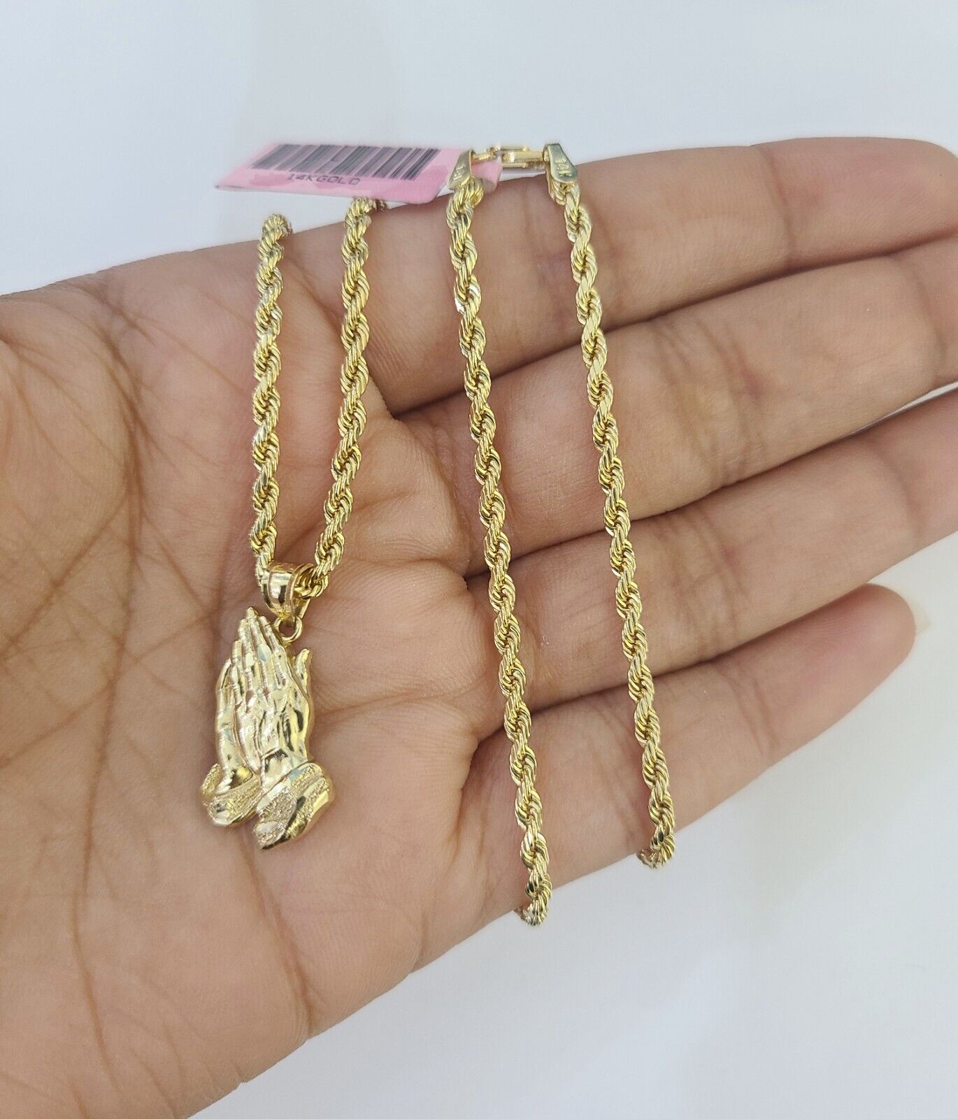 14k Rope Chain Praying Hands Charm Pendant Gold 2mm 18"-24inch SET Necklace