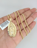 10K Solid Gold Miami Cuban Chain SET Virgin Mary Pendant Charm 18"-26" 2.5mm