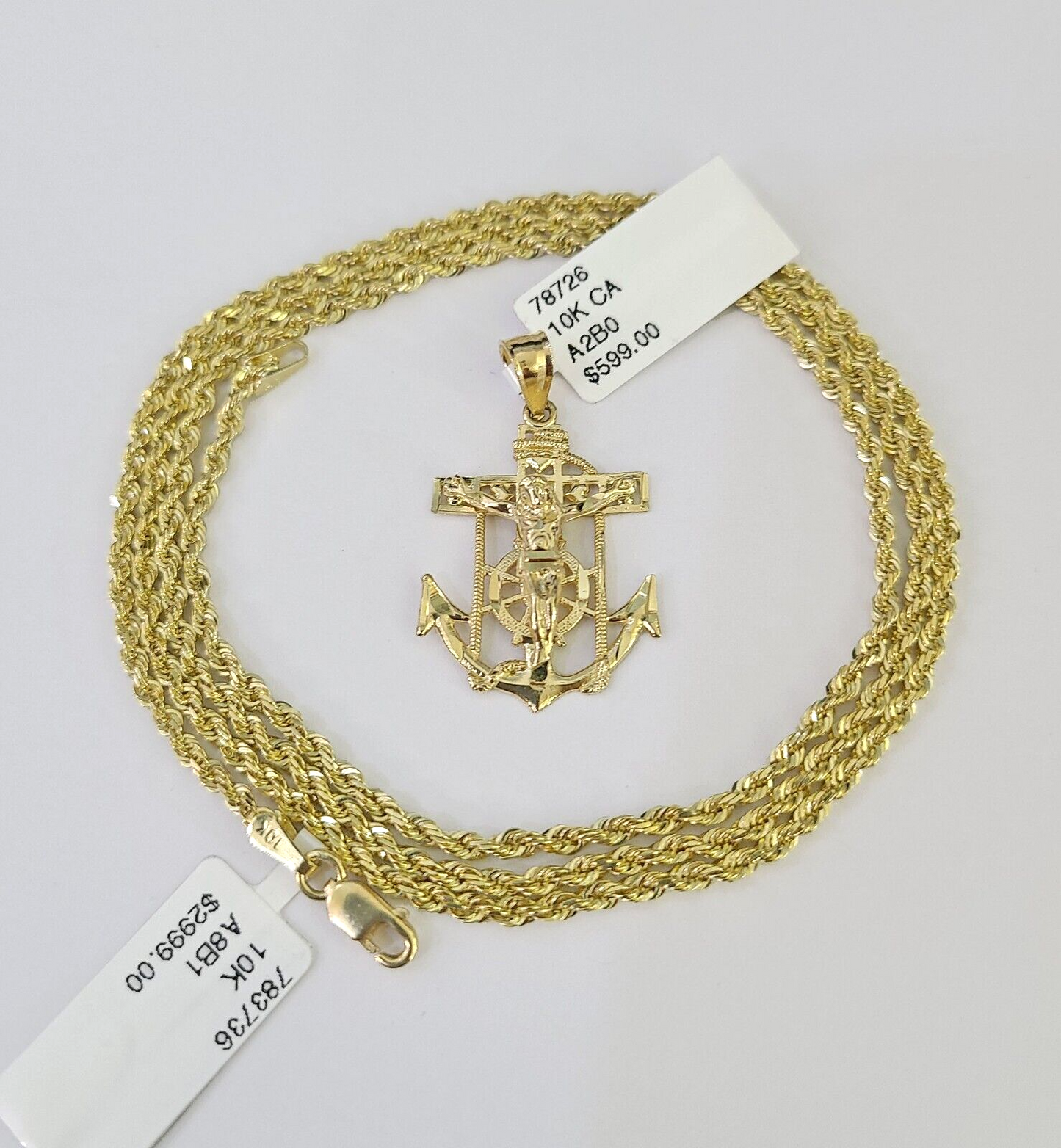 10k Solid Rope Chain 2mm Jesus Anchor Pendant Charm Necklace SET 18-22 in Ladies