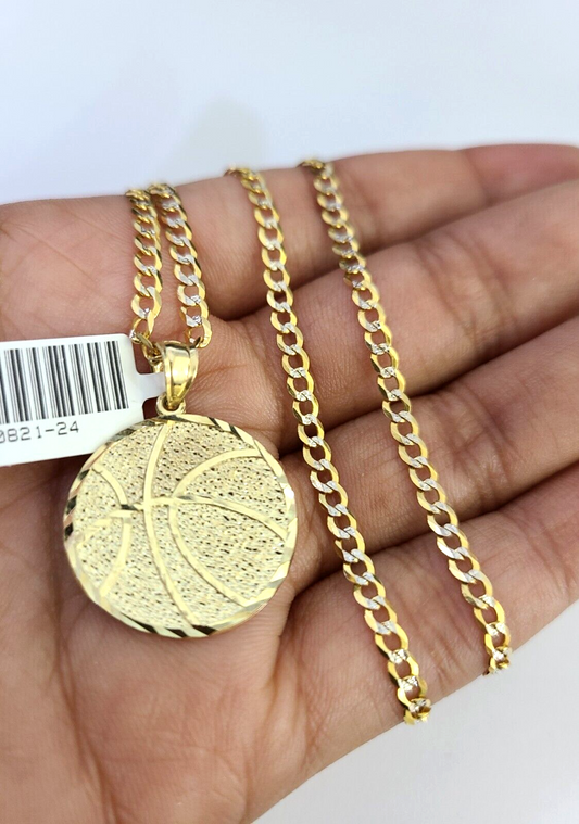 10k Solid Gold Cuban Curb Chain Basket Ball Pendant 2.5mm 18"-26" SET Necklace