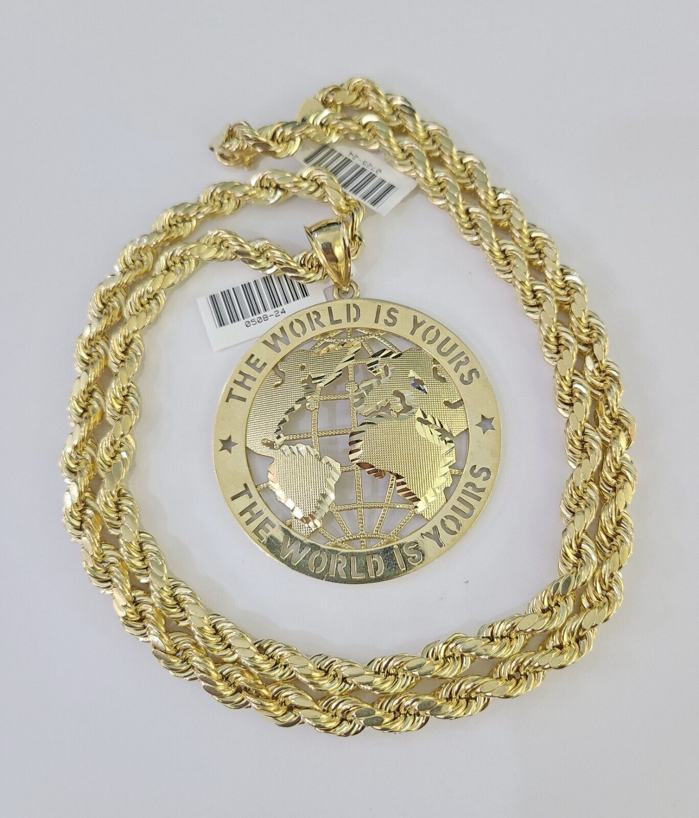 Real 10k Rope Chain World is Yours Charm Set 7mm 20"-28" Inch Necklace Gold