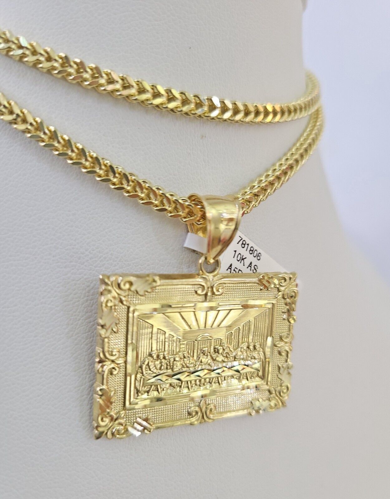 10K Franco Chain Last Supper Pendant Charm Necklace 20"-26" 3mm Yellow Gold SET