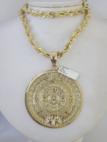 10k Solid Rope Chain Mayan Calendar Pendant Necklace 7mm 20"-30" SET Charm