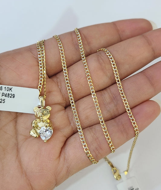 10k Gold Cuban Curb Chain TeddyBear Pendant Two Tone Charm Set 2mm Necklace