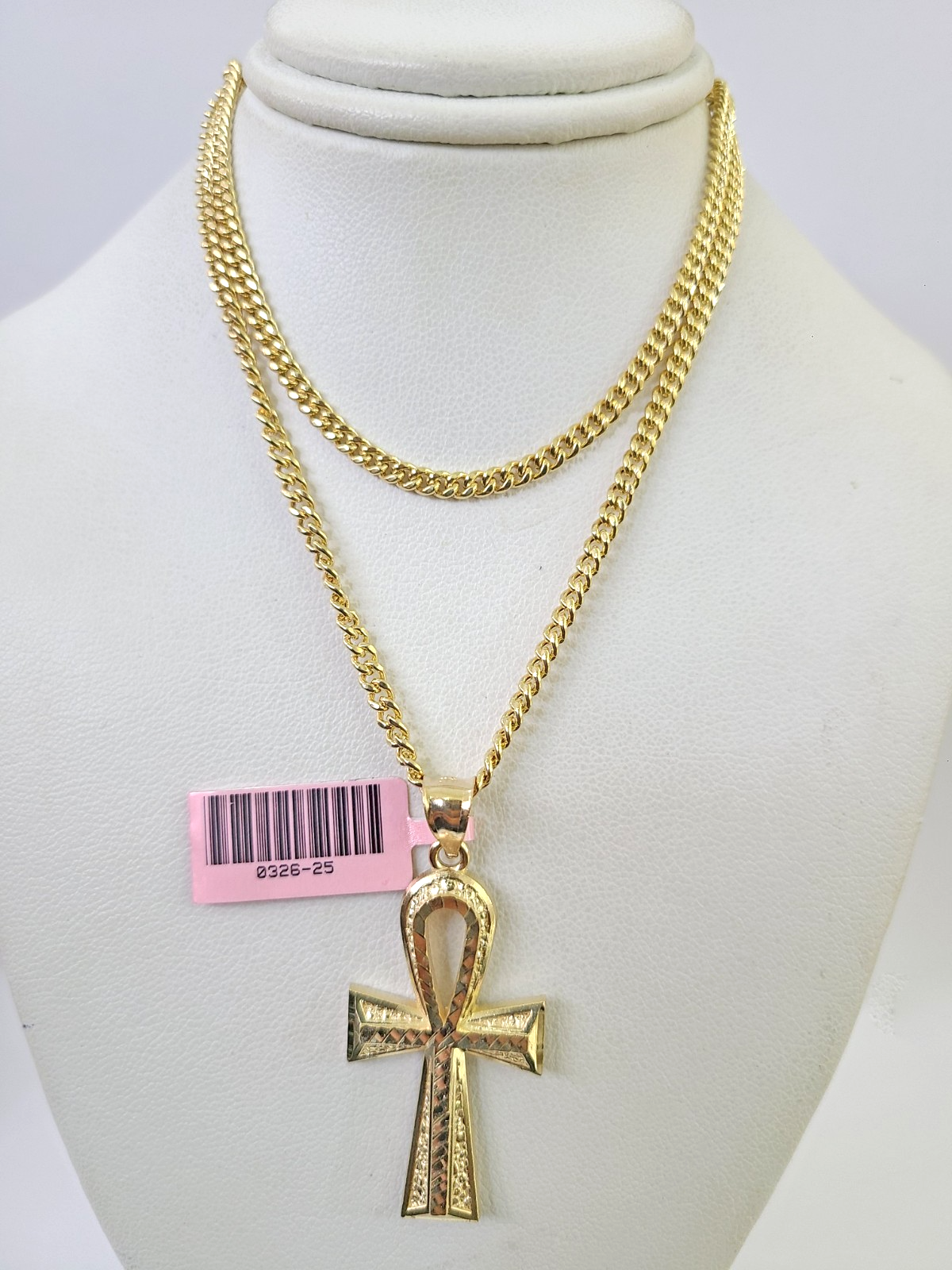14k Miami Cuban Chain Ankh Cross Charm Pendant 3mm 18"24" inch SET Necklace