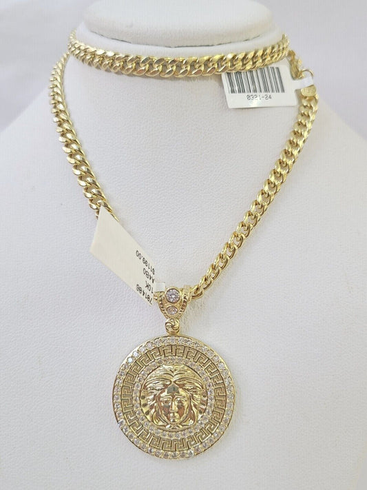 10k Yellow Gold Chain Head Charm Pendant Set 5mm Miami Cuban Link Necklace Real