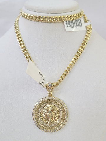 10k Yellow Gold Chain Head Charm Pendant Set 5mm Miami Cuban Link Necklace Real