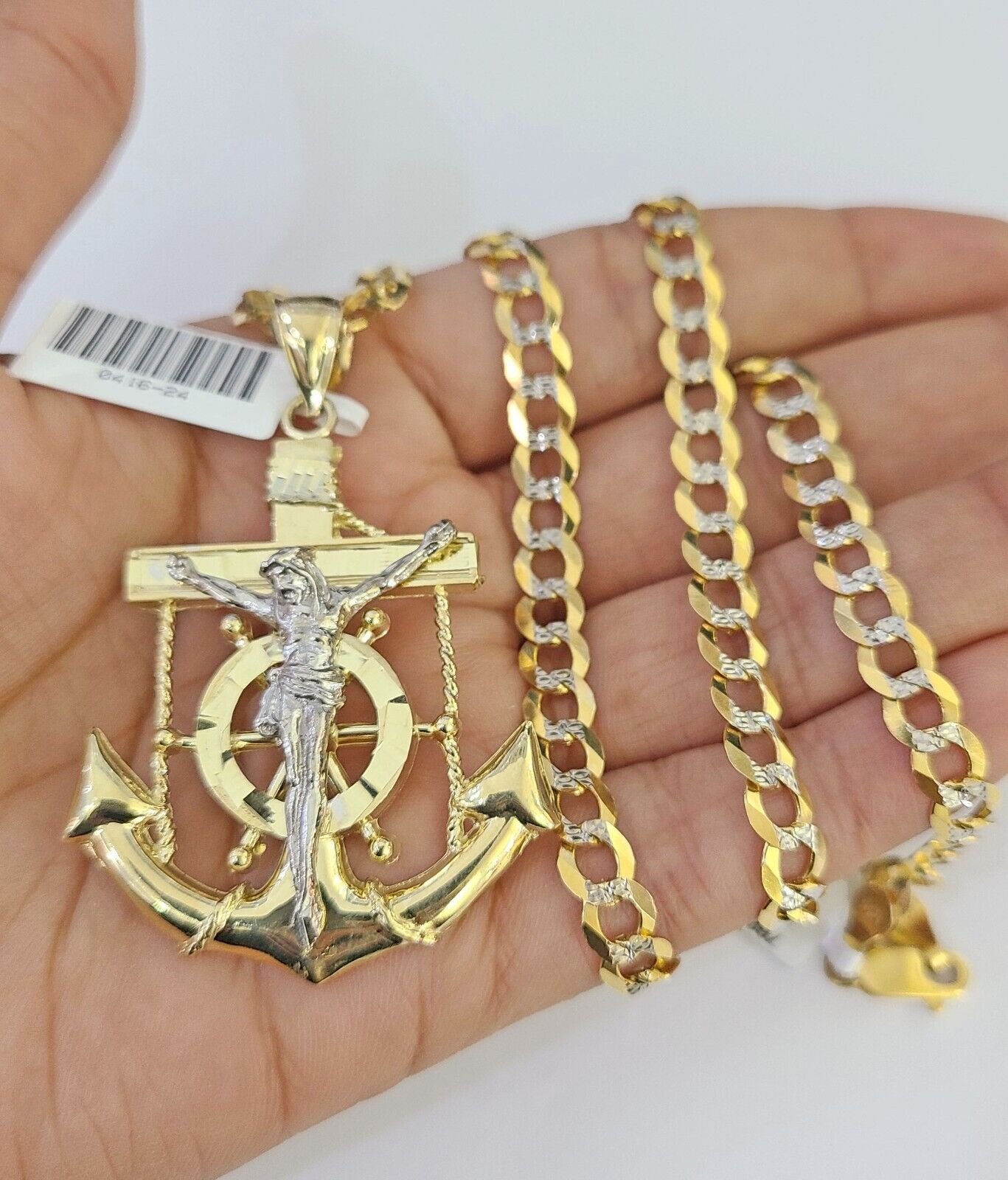 10k Solid Gold Cuban Curb Chain Jesus Anchor Pendant 6mm 20"-30" SET Necklace