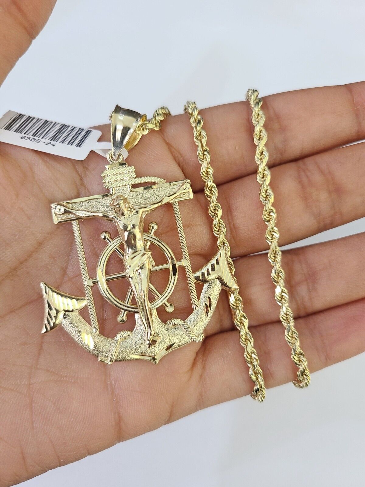 Real 10k Solid Rope Chain Jesus Anchor Charm Set 3mm 20"-30" Inch Necklace Gold