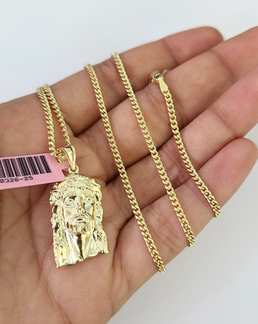 14k Miami Cuban Chain Jesus Head Charm Pendant 2mm 18"24" inch SET Necklace