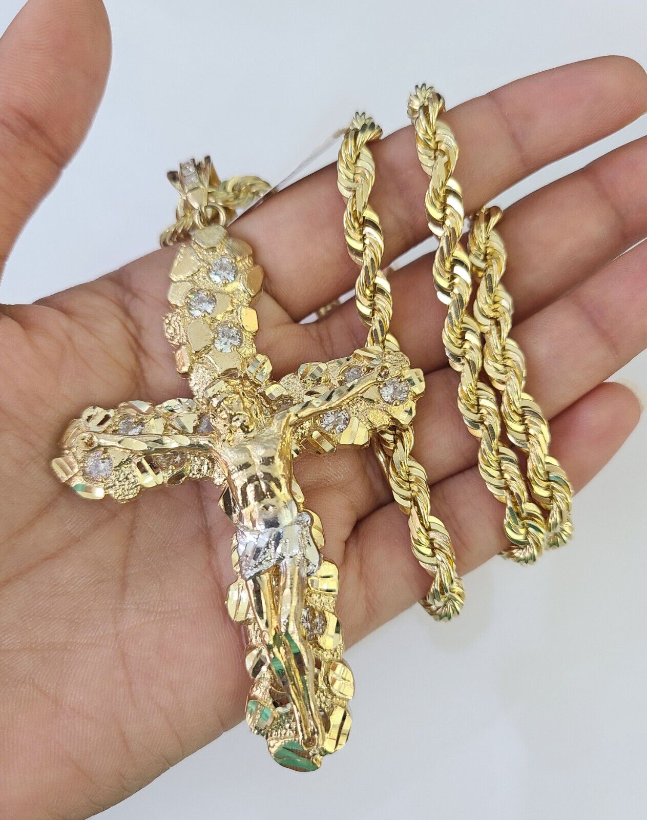 Real 14k Solid Rope Chain Jesus Cross Charm Set 6mm 18"-30" Necklace Gold