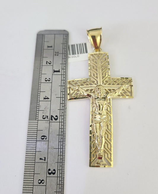 10k Gold Chain Cross Charm Solid Cuban Curb Necklace 9mm 20"-30" Diamond Cut SET