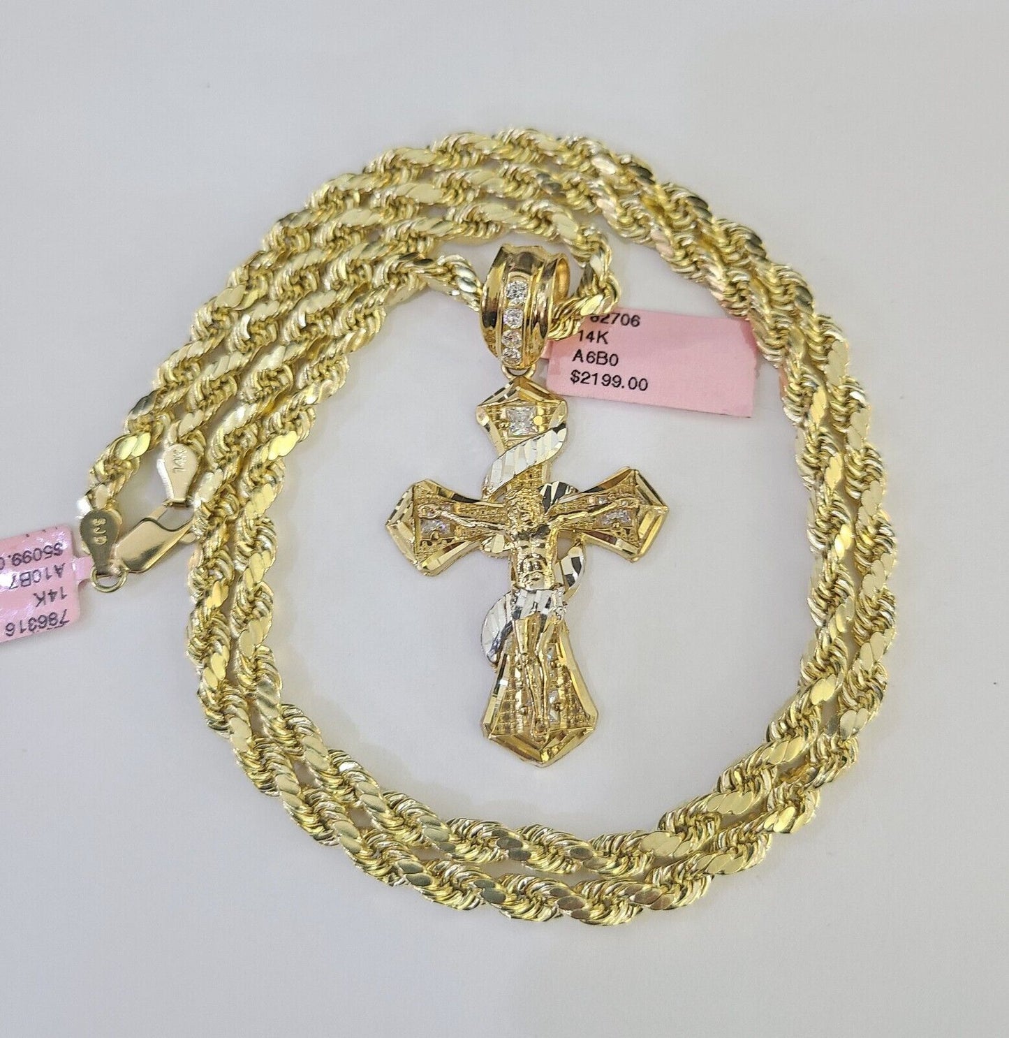 Real 14k Rope Chain Jesus Cross Charm Yellow Gold Set 5mm 20"-30" Necklace