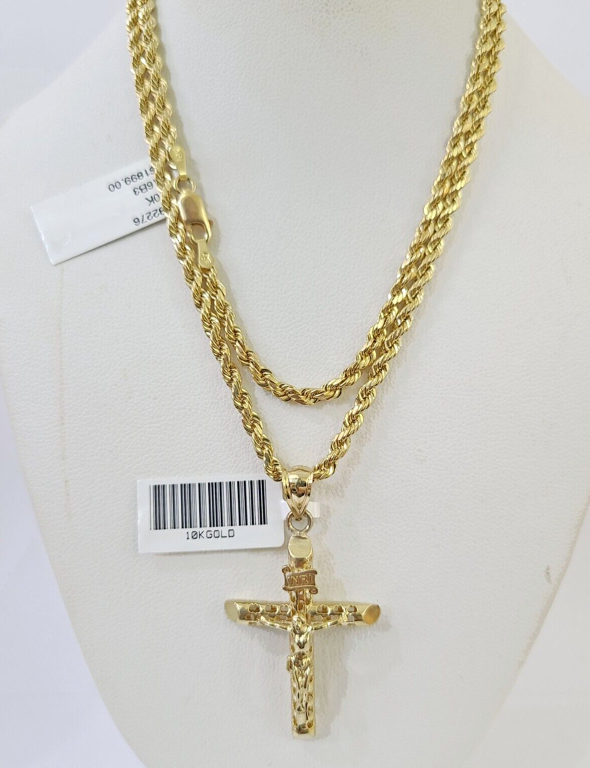 Real 10k 3mm Rope Chain INRI Cross Pendant 18