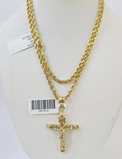 Real 10k 3mm Rope Chain INRI Cross Pendant 18" 20" 22" 24" 26" Gold Set