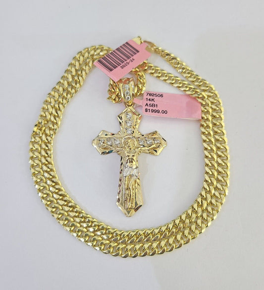 Real 14k Chain Cross Charm Set Miami Cuban Link 5mm 18"-30" Necklace Pendant