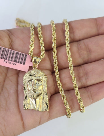 Real 14k Rope Chain Jesus Head Charm Set Yellow Gold 4mm 18-30" Necklace Pendant