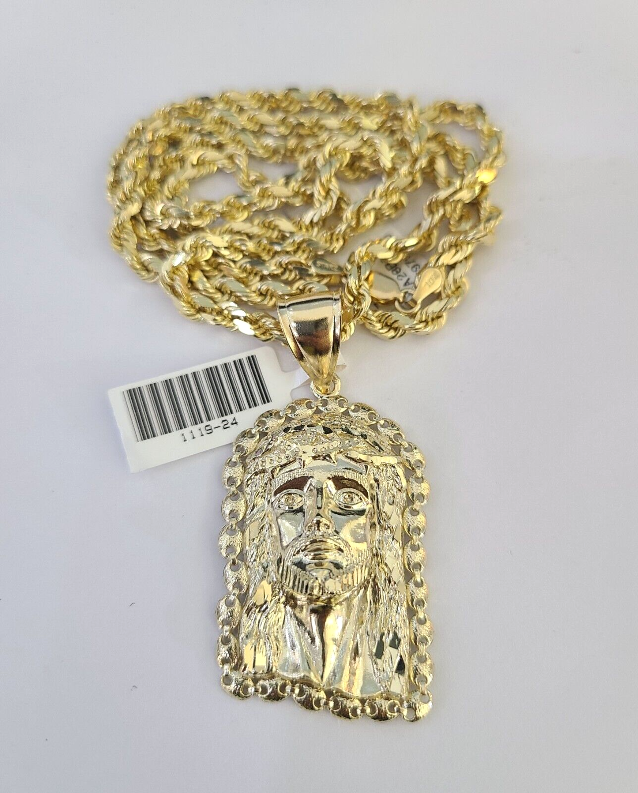 10k Solid Rope Chain 4mm Jesus Head Pendant Charm Necklace SET 20-28 in