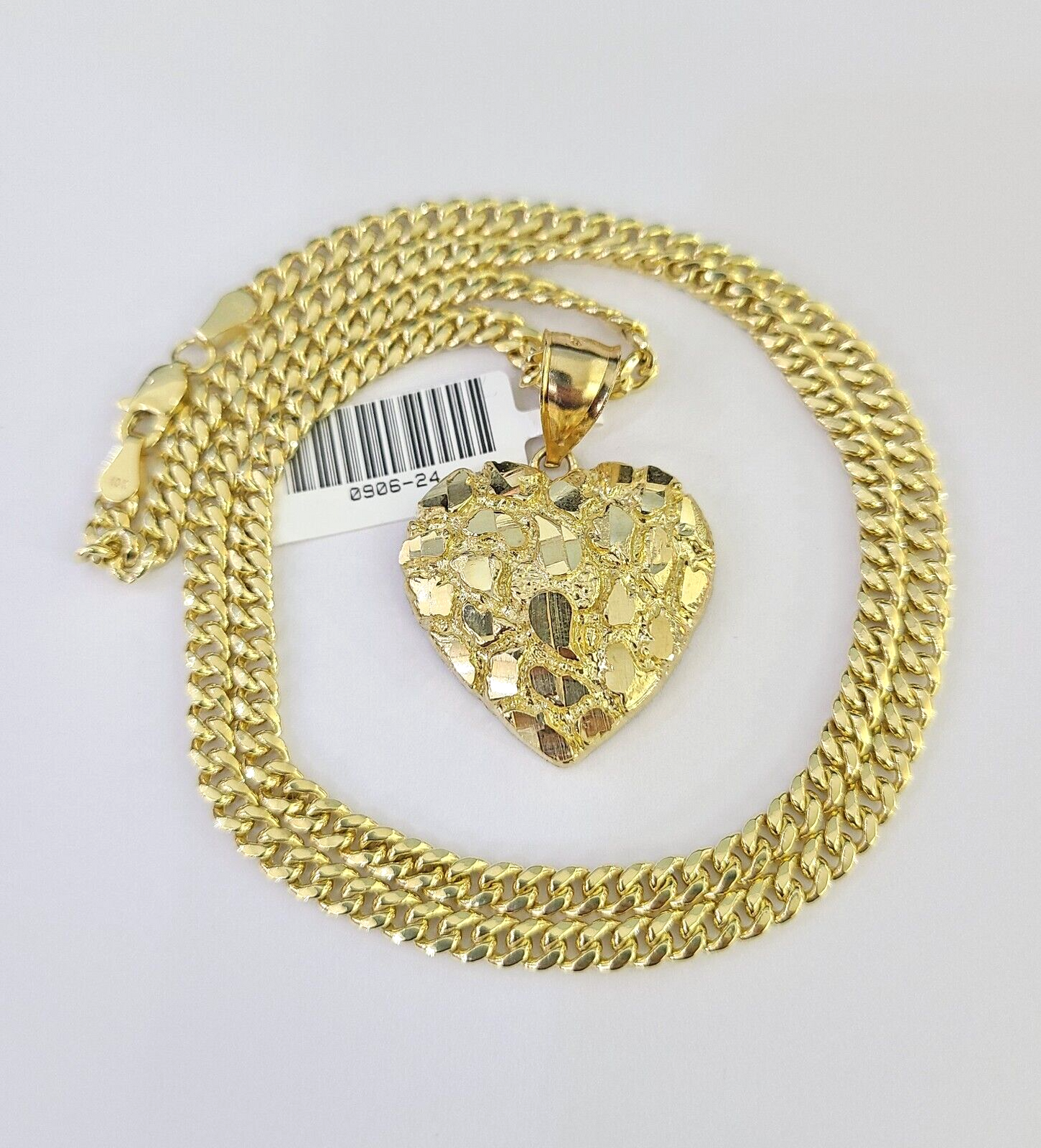 10k Miami Cuban Chain Nugget Heart Charm Set 4mm 18"-28" Necklace Yellow Gold