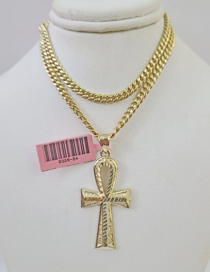 Real 14k Chain Cross Charm Set Miami Cuban Link 4mm Necklace Pendant Yellow Gold