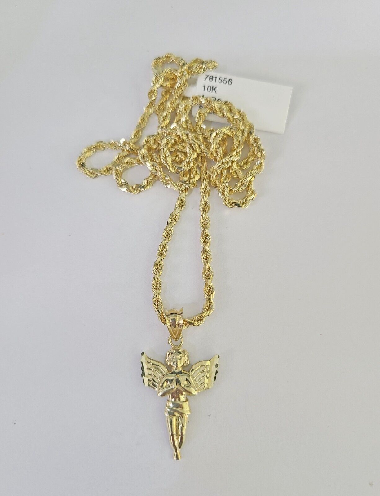 10k 2.5mm Rope Chain Praying Angel Pendant 18"-30 Yellow Gold Set Charm Necklace