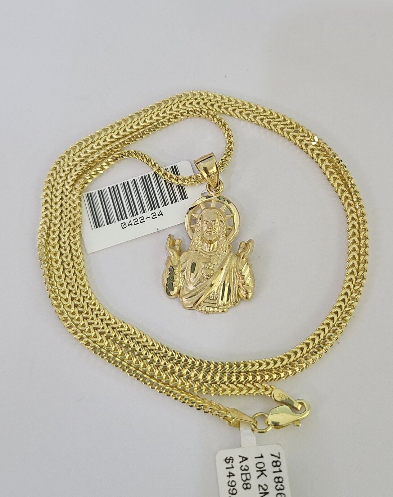 10K Franco Chain Jesus Pendant Charm Necklace 16"-24" 2mm Yellow Gold SET