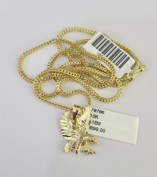 10K Franco Chain Eagle Pendant Charm Necklace 16"-24" 2mm Yellow Gold SET