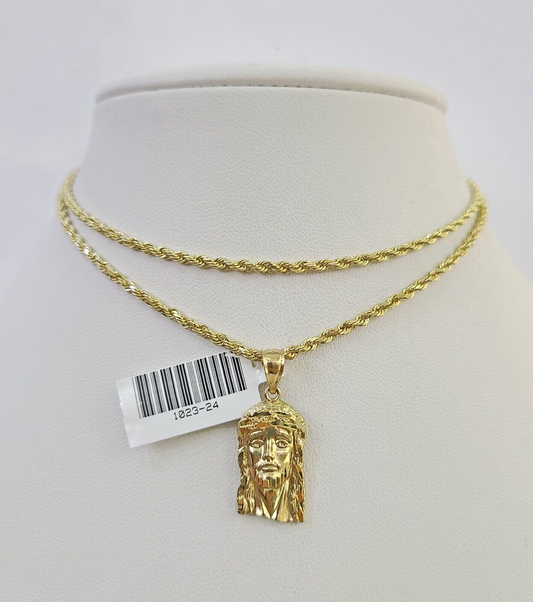 10k Solid Rope Chain 2mm Jesus Head Pendant Charm Necklace SET 18-24 in