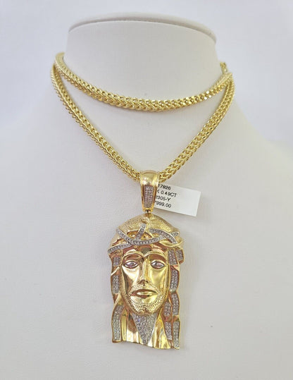 10K Franco Chain Diamond Jesus Head Pendant Charm Necklace 20"-28" 4mm Gold SET