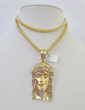 10K Franco Chain Diamond Jesus Head Pendant Charm Necklace 20"-28" 4mm Gold SET