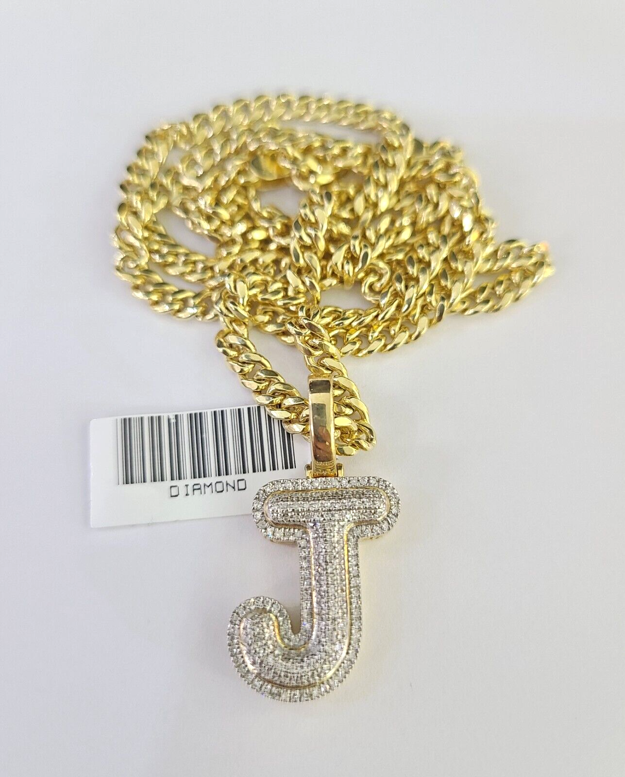 10k Miami Cuban Chain Diamond J Initial Charm Set 4mm 18"-28" Necklace Gold