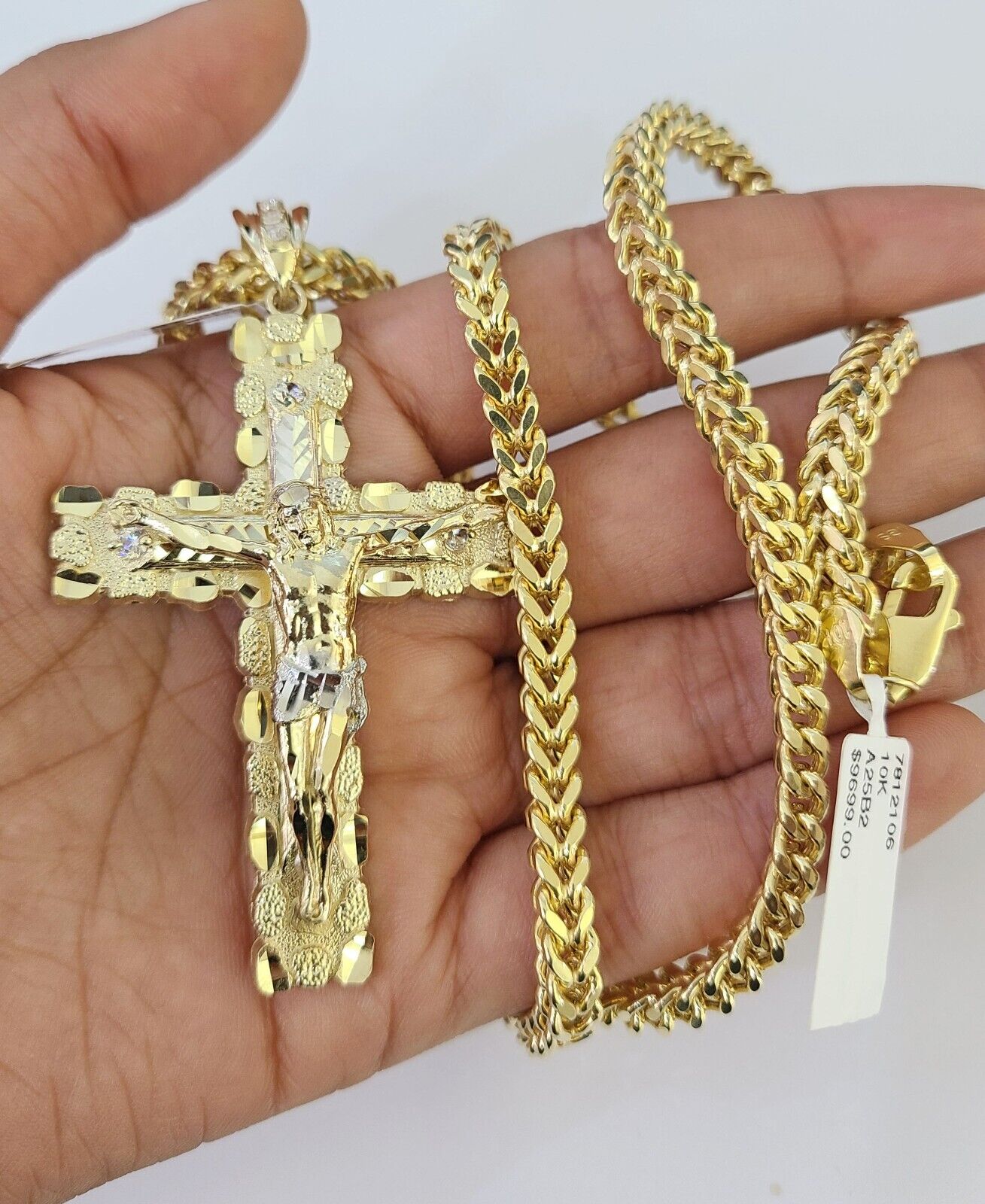 10K Franco Chain Jesus Cross Pendant Charm Necklace 20"-26" 5mm Gold Yellow SET