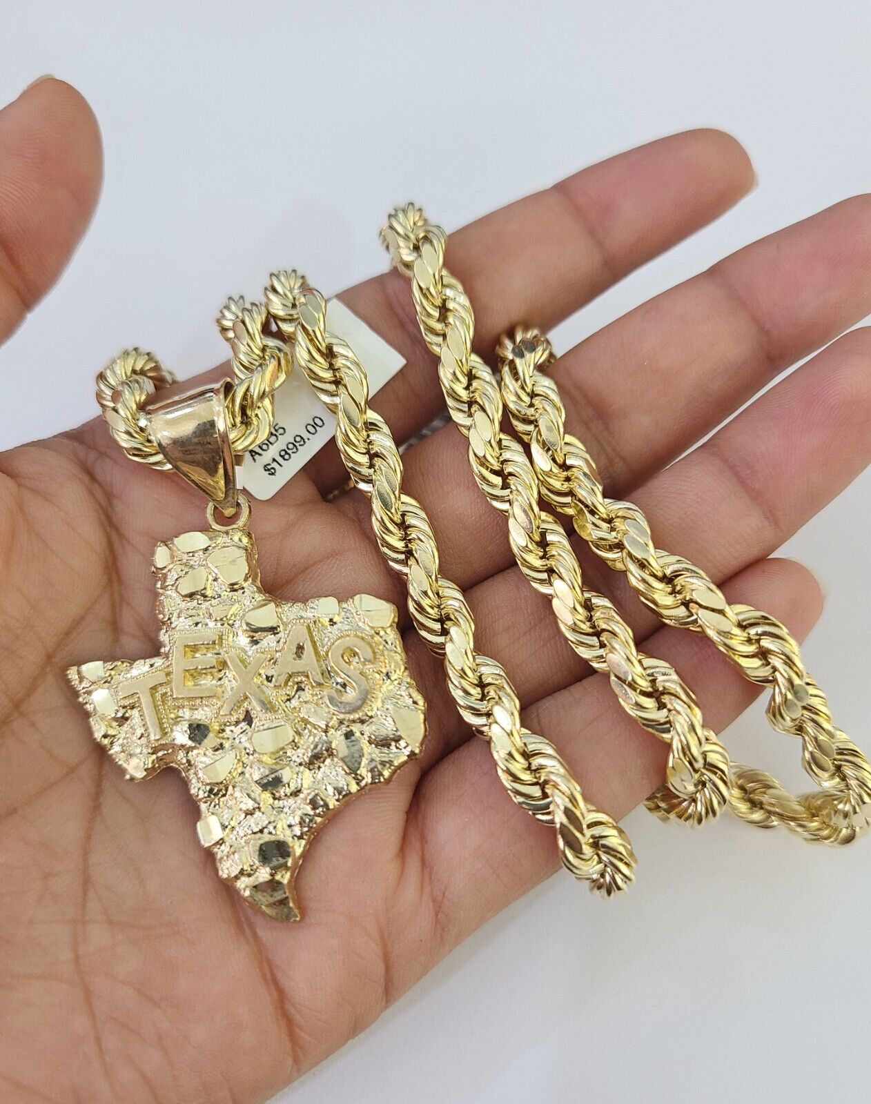 Real 10k Rope Chain Texas Map Charm Set 7mm 20"-28" Inch Necklace Gold