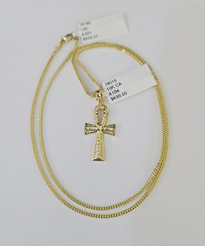 10K Gold Franco Chain Ankh Jesus Cross Charm SET 18-24 inches 1mm Necklace