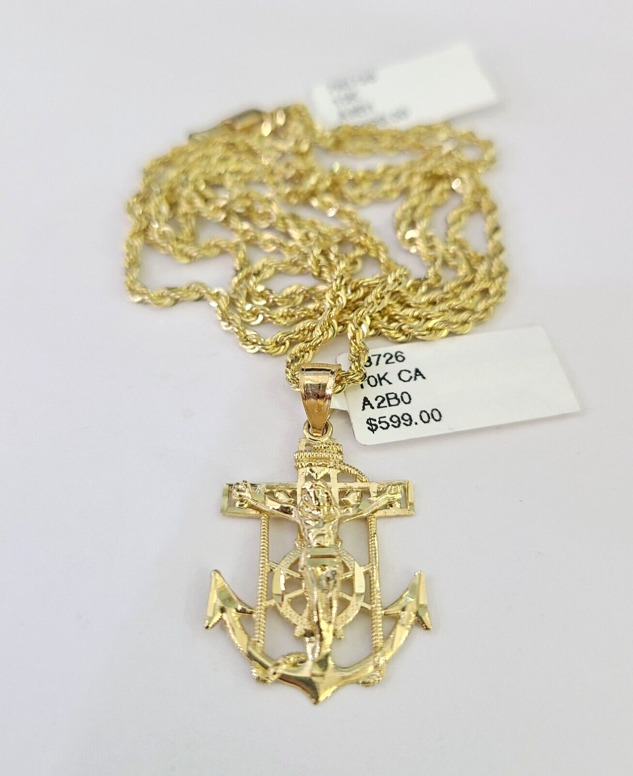 10k Solid Rope Chain 2mm Jesus Anchor Pendant Charm Necklace SET 18-22 in Ladies