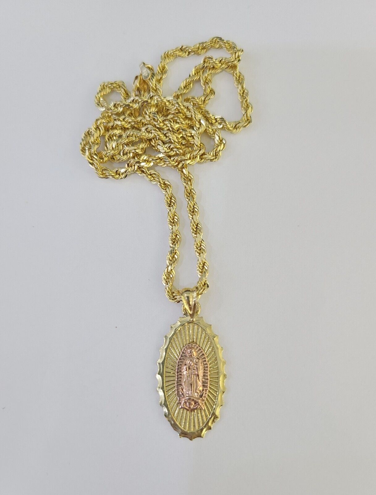 10k 3mm Rope Chain Virgin Mary Pendant 18"-30" Yellow Gold Set Charm Necklace