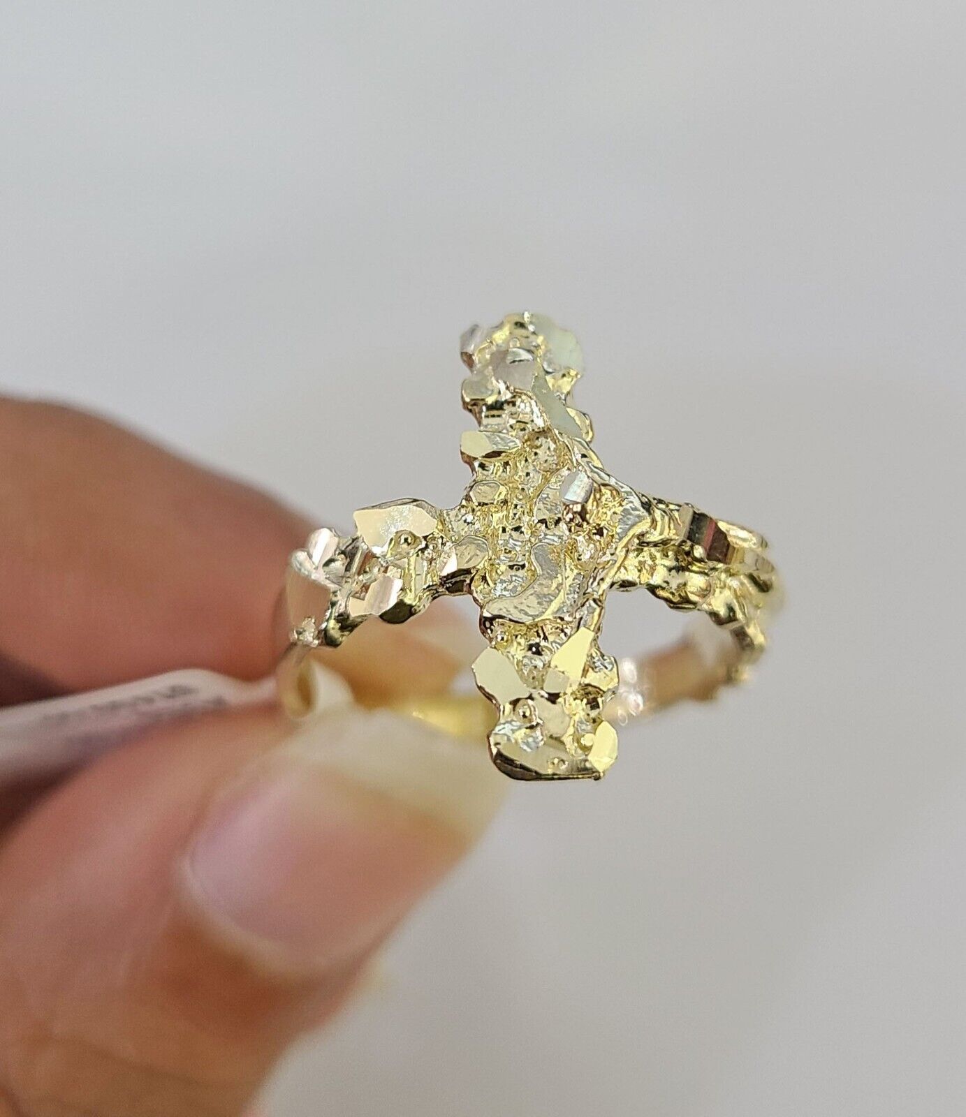 REAL 10K Gold Jesus Cross Nugget Ring Band Style Rings 10Kt Yellow