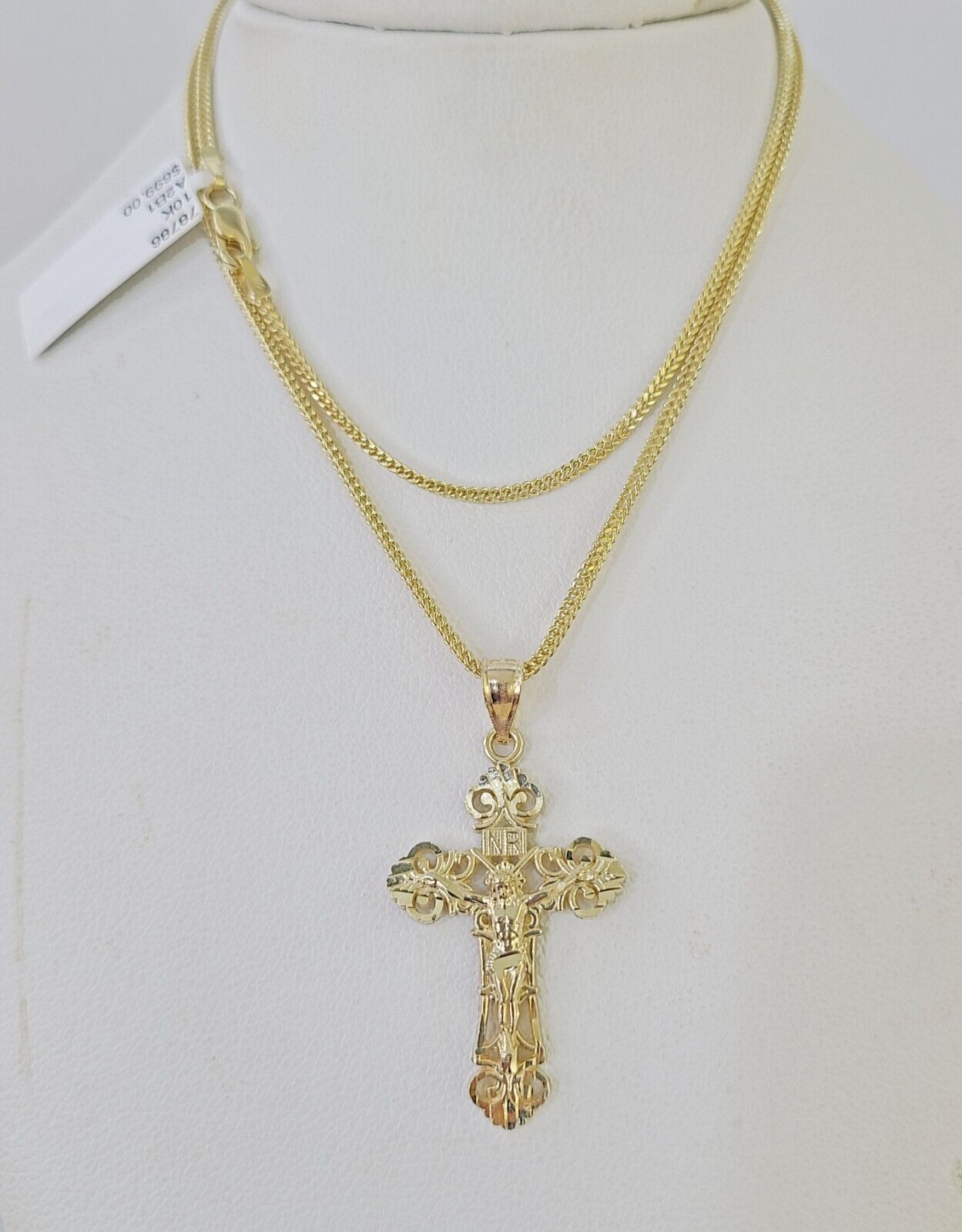 10K Gold Franco Chain INRI Cross Charm SET Length 16-20 Inches 1mm Ladies Women