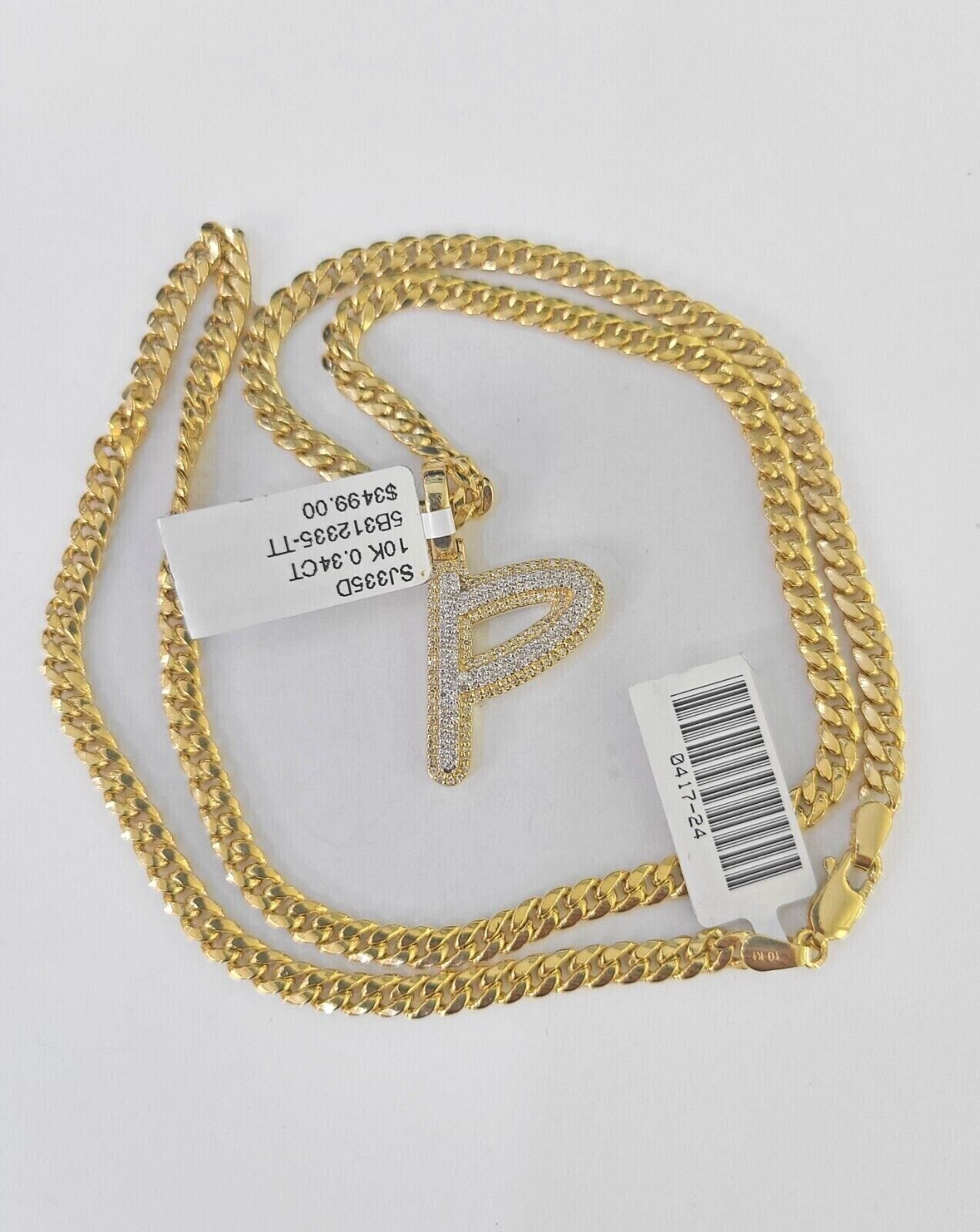 10k Miami Cuban Chain P Diamond Charm Set 4mm 18-26"Yellow Gold Necklace Pendant