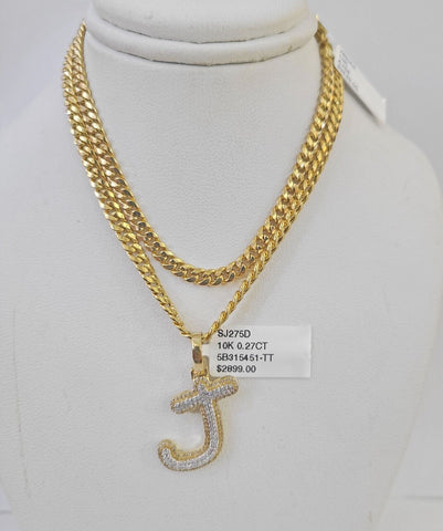 10k Miami Cuban Chain J Diamond Charm Set 4mm 18-26"Yellow Gold Necklace Pendant