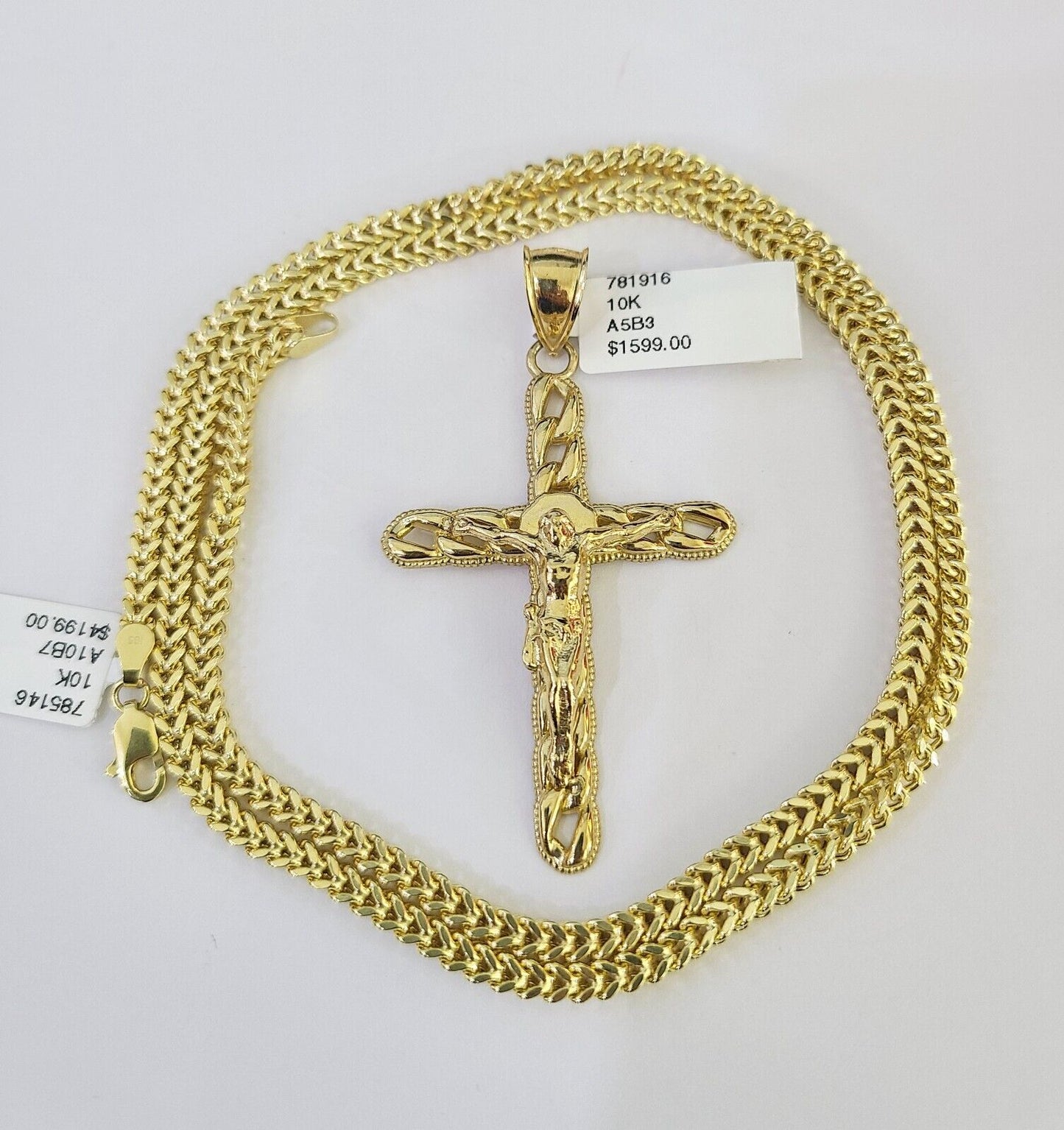 10K Franco Chain Jesus Cross Pendant Charm Necklace 20"-26" 3mm Gold Yellow SET