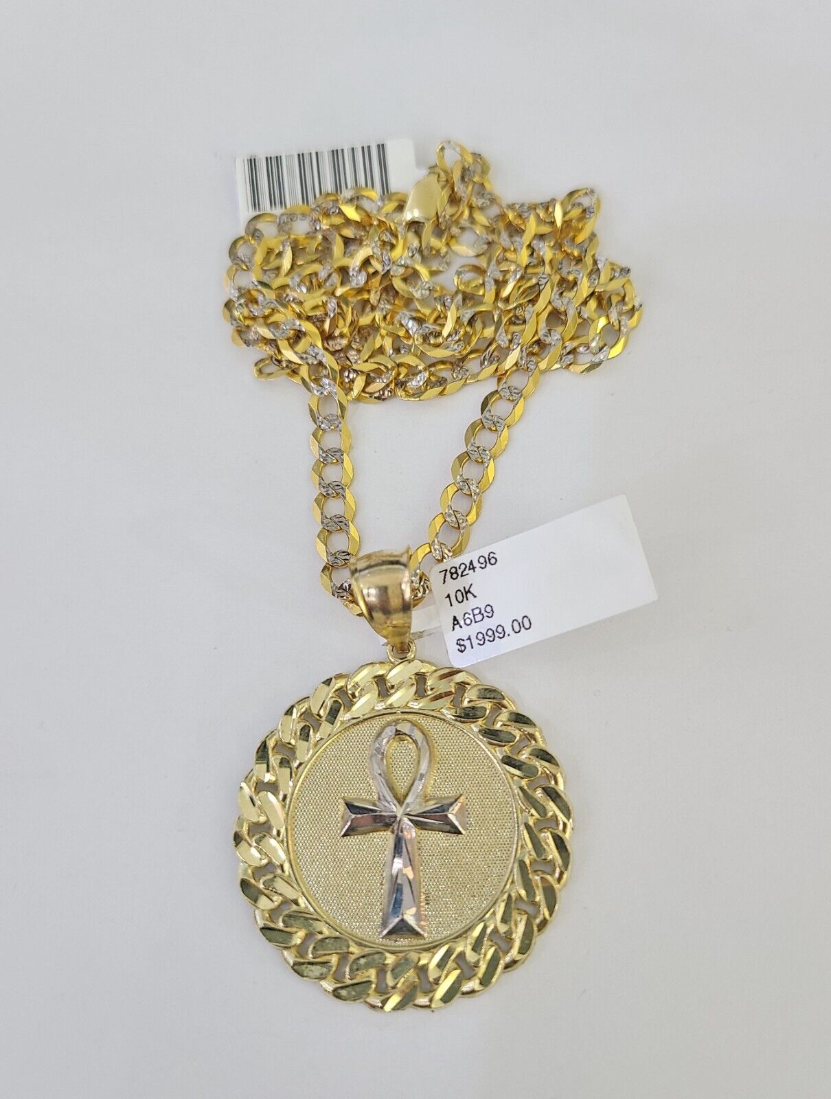 10k Gold Chain Medallion Ankh Charm Solid Cuban Curb Link 5mm 18"-28" Inch SET