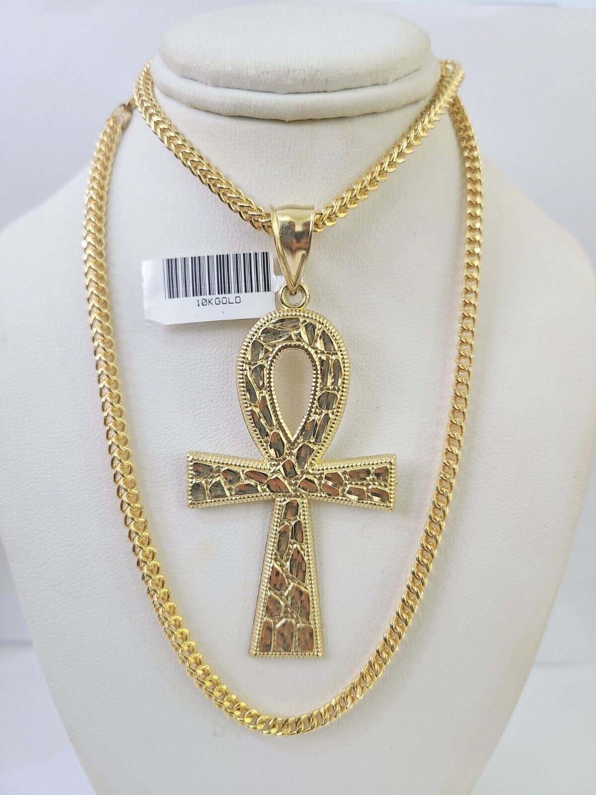 10K Franco Chain Ankh Cross Pendant Charm Necklace 20"-26" 3mm Gold