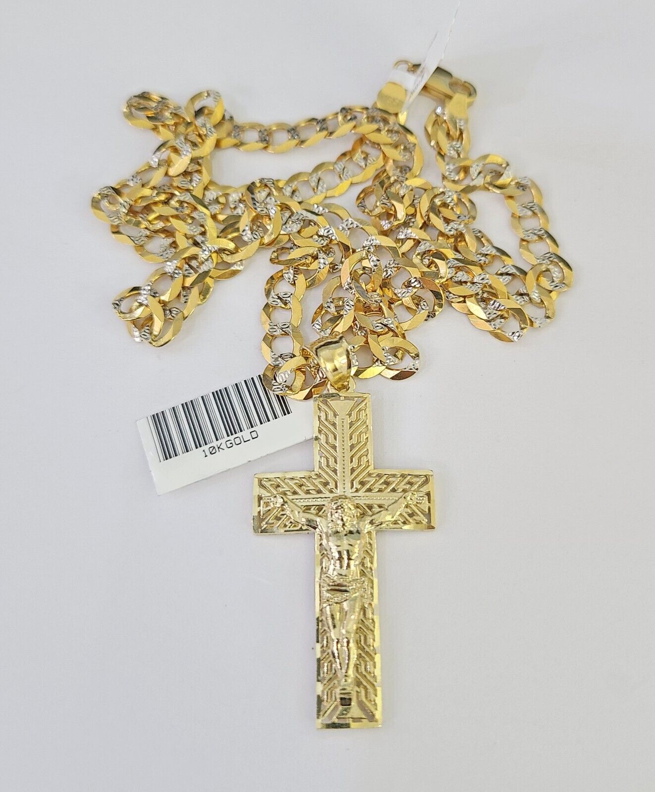 10k Solid Gold Cuban Curb Chain Jesus Cross Pendant 6mm 20"-30" SET Necklace