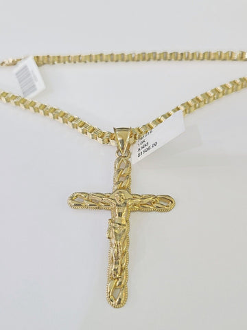10k Gold Byzantine Box Necklace Jesus Cross Charm 18"-26" SET Yellow Real