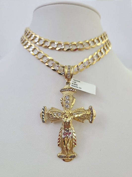 10k Gold Chain Cross Charm Solid Cuban Curb Necklace 9mm 20"-30" Diamond Cut SET