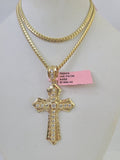 Real 14k Solid Chain Cross Charm Set Miami Cuban Link 3mm Necklace Pendant Gold