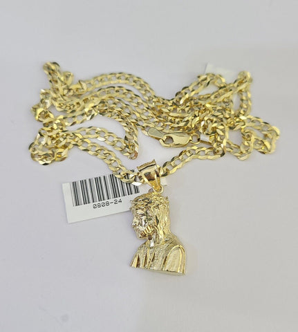 10k Gold Cuban Curb Chain Jesus Head Charm Solid 4mm 18"-28" SET Necklace